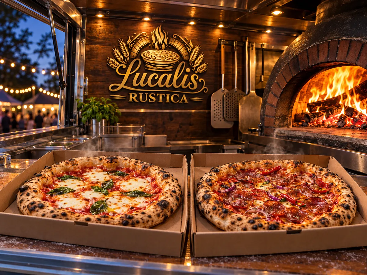 Inside the van: the gold crest above the oven and two pizzas in boxes