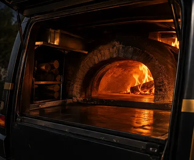 The oven glowing inside the van at night