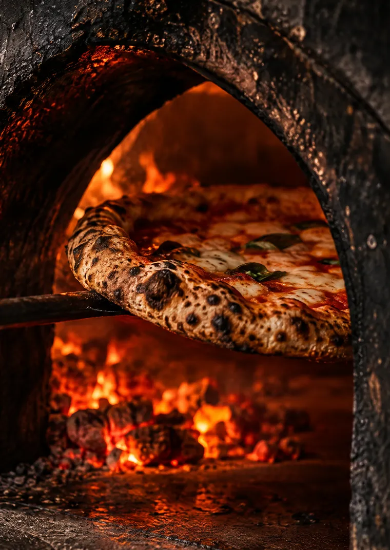 A blistered pizza on the peel inside the wood-fired oven