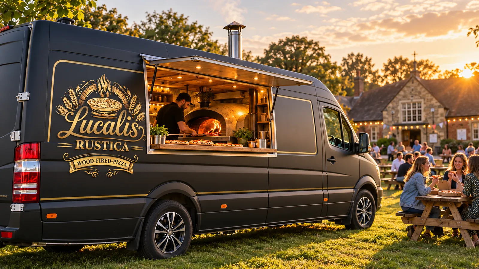 The black and gold Lucalis Rustica Mercedes Sprinter serving at a Kent village green at golden hour
