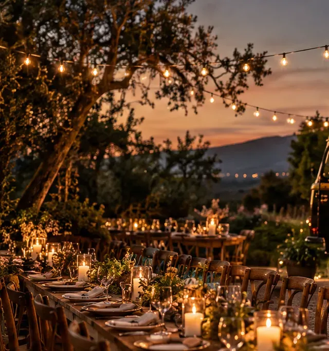 Candlelit wedding tables under festoon lights